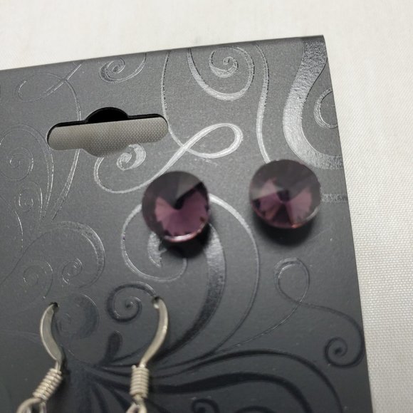 Amethyst trio earrings with silver fish hook and pierced - Picture 6 of 6